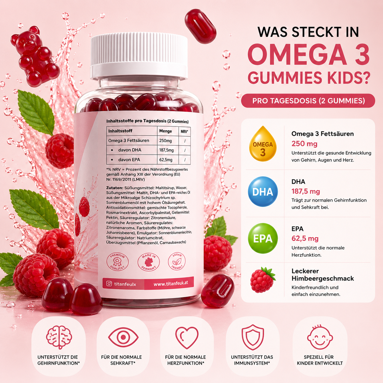 Omega 3 Gummies Kids - Himbeere - 60 vegane Gummies